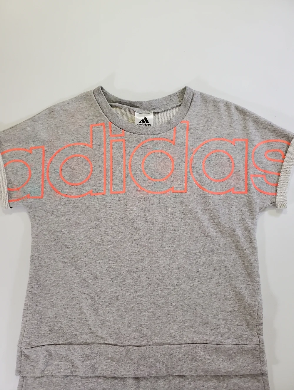 Adidas Girls Big Logo Short Sleeve Sweatshirt Top Gray Pink Orange Size L 14